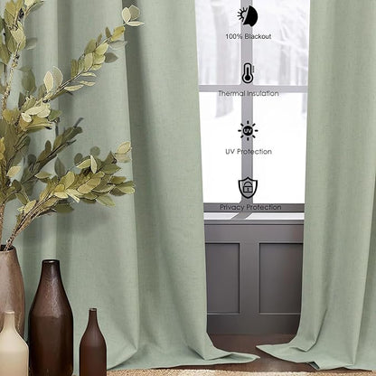 Sage Green Linen Curtains 108 Inches Long 2 Panel Set 100% Blackout Insulated Thermal Curtains for Summer Heat Blocking Light Green Drapes for Bedroom Living Room Sliding Door Rustic Country Farmhouse