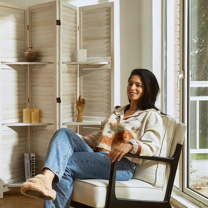 Room Divider with Shelves, 5.6 Ft Tall Folding Wood Screen with Double Hinges for Home Office Bedroom Hotel Decoration (4 Panels, White-Washed)
