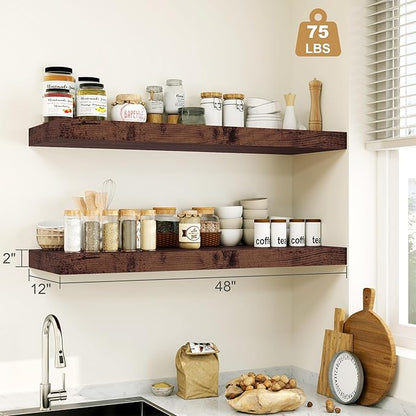 Heimlove Rustic Brown Bathroom Shelves Floating Shelves for Wall Shelf Over Toilet Long Wall Mounted Modern Farmhouse,48 x 12 Shelves with Invisible Brackets for Living Room, Kitchen, Bedroom