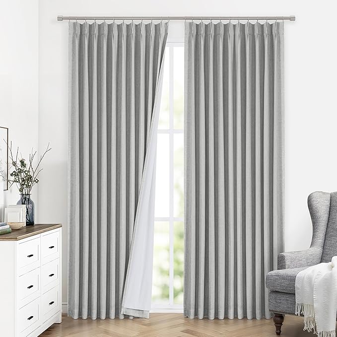 Vision Home Light Gray Pinch Pleated Full Blackout Curtains Linen Blended Thermal Insulated Window Panels 102 inch for Bedroom Living Room Darkening Grey Pleat Drapes with Hooks Back Tab 60"Wx102"Lx1