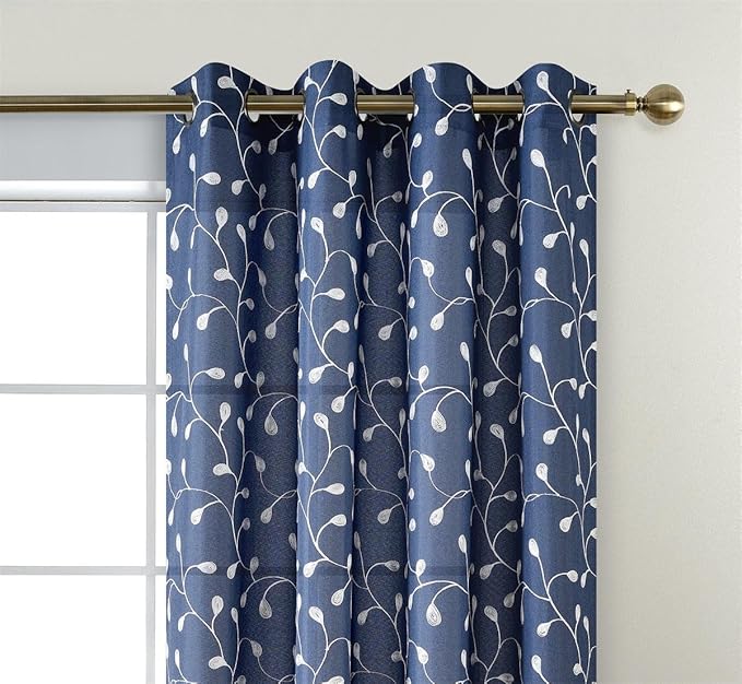 MIUCO Floral Embroidered Semi-Sheer Curtains Faux Linen Grommet Window Panels for Doors 52 x 95 Inch 2 Panels, Navy Blue
