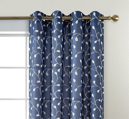 MIUCO Floral Embroidered Semi-Sheer Curtains Faux Linen Grommet Window Panels for Doors 52 x 95 Inch 2 Panels, Navy Blue
