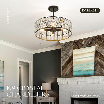 16” 4-Light Modern Crystal Chandeliers Black Dinning Room Light Fixture with Two Rods, Round Pendant Light Kitchen Island Chandelier, Flush Mount Ceiling Light for Living Room Entryway