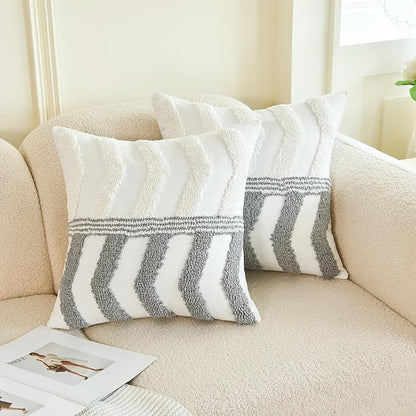 HOdo Home 18x18 Throw Pillow Covers, 2PCS Tufted Boho Jacquard Pillow Covers,Farmhouse Decorative Pillow Cover,Pillow Cases for Couch Sofa Bed Stylish Decor, Simple Textured Cushion Sham
