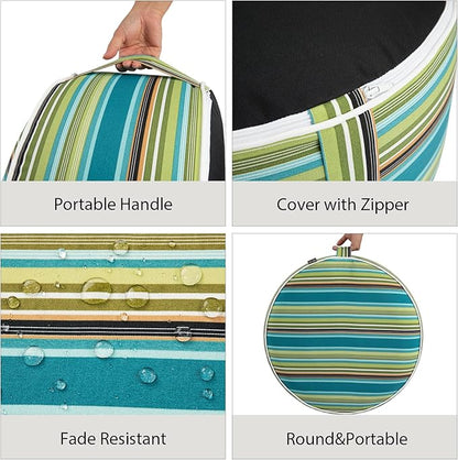 FUNHOME Inflatable Outdoor Ottoman with Air Pump,20"x9" Portable Patio Pouf,Water Resistant,Fade-Resistant,Round Blow Up Footrest Stools for Home Garden Camping Travel(Green Stripe)