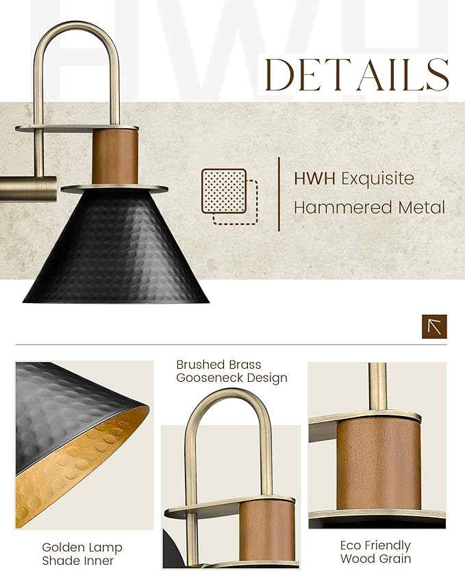 Black Wall Sconce, HWH Industrial Indoor Wall Light Fixture, Single Wall Vanity Light Gooseneck Barn Wall Lamp with Hammered Metal Shade, Black and Gold Finish, 5HZG74B BK+BG