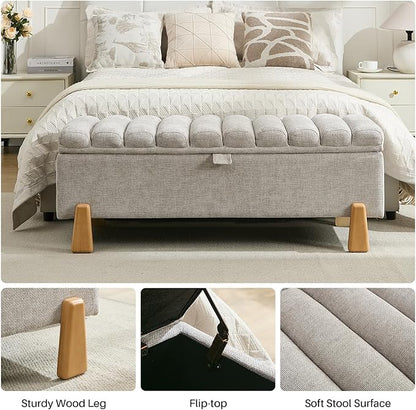 Storage Ottoman Bench, Bedroom Storage Bench Foot Rest with Legs, 17.1 x 48.6 x 18.5 Inches, End of Bed Bench, Load up to 500 lb, for Living Room, Bedroom, Entryway, Light Gray
