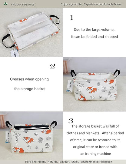 Rectangular Folding Laundry Basket,waterproof Canvas Basket,gift basket,Suitable for children's room,Office,Clothes,Toys Storage（Fox）