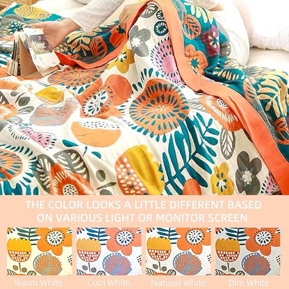 Boho Throw Blanket for Bed - 100% Pure Cotton Ultra Soft Rustic Quilt - Farmhouse Decor Bed Blankets, All Season Rustic Throw for Sofa Couch Chair(91''x 98'', Floral Print 2)