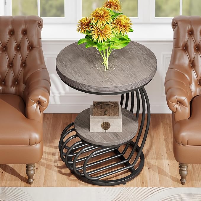 Tribesigns Round End Table: 2 Tiers Wood Side Table Set of 2 with Storage Shelf, Rustic Gray Bedside Nightstand, Accent Table for Living Room, Bedroom