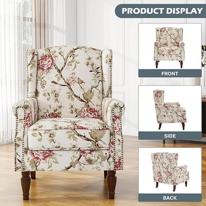 UIXE High Back Floral Accent Chairs Set of 2, Fabric Upholstered Armchair for Living Room, Retro Wingback Arm Chair with Solid Wood Leg, Nailhead Trim Single Sofa Bedroom Reading Seat - Beige
