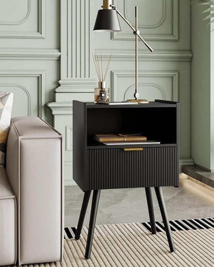 Nightstand,Modern Bedside Table with Storage Drawer and Open Wood Shelf, Accent Night Stand with Solid Wood Legs for Living Room, Bedroom and Small Spaces,Easy Assembly (Black)