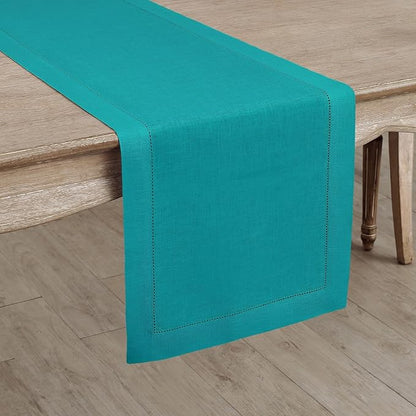 Solino Home Linen Hemstitch Table Runner 90 Inches Long - 100% Pure Linen Teal Table Runner 14 x 90 Inch for Fall, Autumn, Thanksgiving - Classic Hemstitch