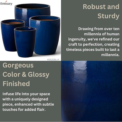 Emissary Bullet 14 in. Blue Ceramic Round Planter (14 in. L x 14 in. W x 15.5 in. H) with Drainage Hole