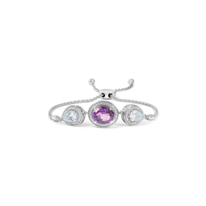 .925 Sterling Silver Oval Amethyst and Pear Blue Topaz with Diamond Accent Lariat 4â€-10â€ Adjustable Bolo Bracelet (H-I Color, SI1-SI2 Clarity)