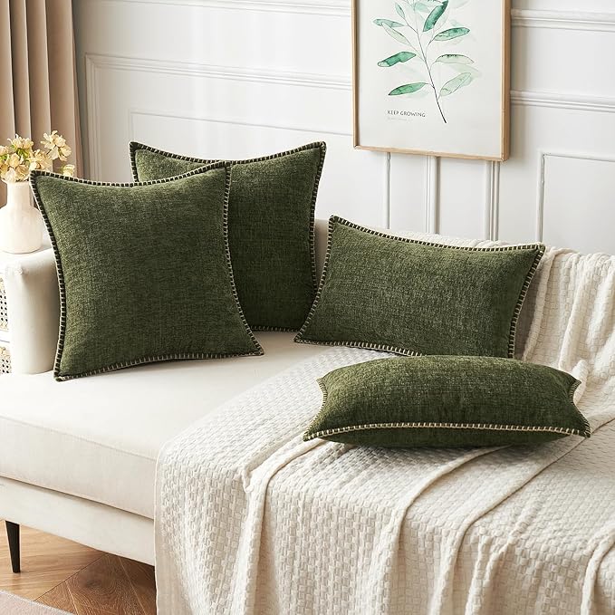 MIULEE Pack of 2 Couch Throw Pillow Covers 16x16 Inch Olive Green Farmhouse Decorative Pillow Covers with Stitched Edge Soft Chenille Solid Dyed Spring Pillow Covers for Sofa Bed Living Room