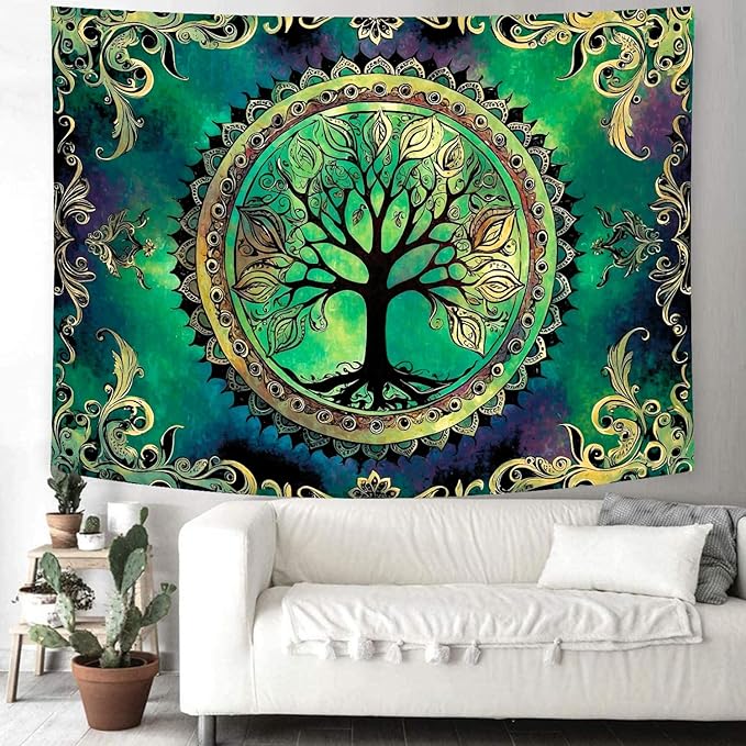 Delur Tree of Life Tapestry Green Nature Bohemian Mandala Spiritual Tapestry Wall Hanging Mystical Landscape Hippie Psychedelic Headboard for Bedroom Living Room Home Decor (59.1" x 78.7")