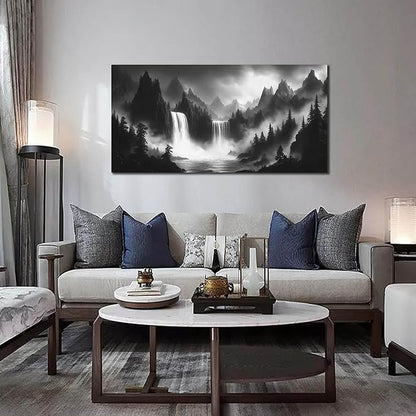 HUBOSKN Waterfall Pictures Wall Decor for Living Room - Mountain Wall Art for Office - Black and White Canvas Wall Art for Bedroom Size 24" x 48"