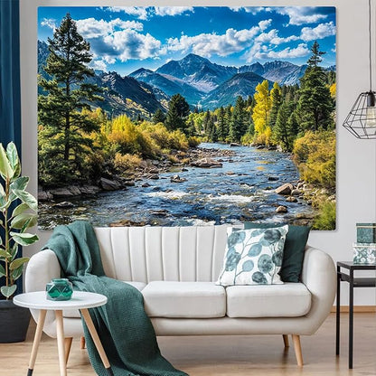 AMM Nature Forest Mountain Tapestry Green Pine Tree Tapestry for Bedroom Aesthetic White Clouds Flowing River Landscape Classroom Tapestries Wall Hanging for Living Room Dorm Office