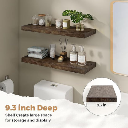 RICHFOCUS Elm Floating Shelves for Wall - 30" W x 9.3" D Rustic Solid Wood Shelves with Invisible Bracket, Wall-Mounted for Living Room, Bedroom, Kitchen Storage & Display, Set of 2, Walnut