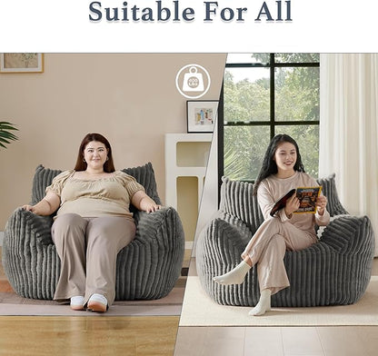 Giant Plush Bean Bag Chair for Adults with Armrests - Oversized Comfy Light Grey Beanbag Lounge Lazy Floor Sofa Accent Chair for Living Room, Bedroom & Dorm, Cozy Fluffy Single Cloud Mini Couch