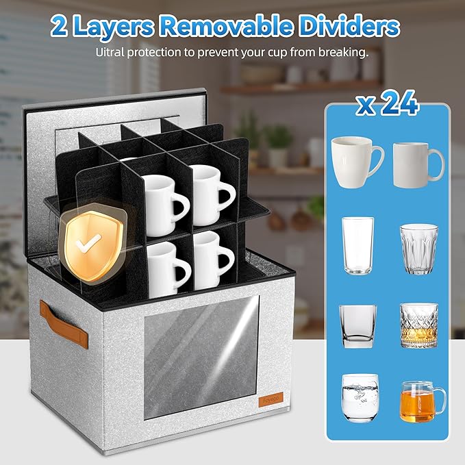 2-Layer Coffee Mug Storage Box with Dividers, Cup Storage Organizer with Zipper Lid and Handles, Stackable China Storage Containers Service for 24 Mugs, Cups and Glasses, Light Grey
