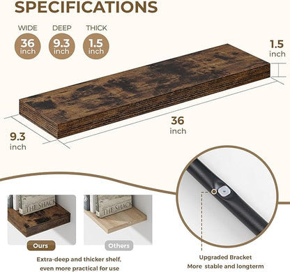 Dreamland 36 Inches Floating Shelves for Wall, 9.3" Deep Long Floating Shelves Set of 2, Large Display & Storage Shelf, Wall Shelf for Bathroom Bedroom Living Room Kitchen Office, Rustic Brown