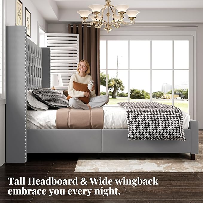 PaPaJet Queen Size Bed Frame with 61.4" Tall Headboard, Velvet Upholstered Platform and Handmade Deep Button Tufting, No Box Spring Required, Grey