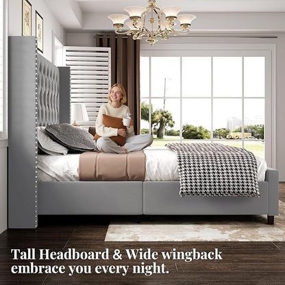 PaPaJet Queen Size Bed Frame with 61.4" Tall Headboard, Velvet Upholstered Platform and Handmade Deep Button Tufting, No Box Spring Required, Grey