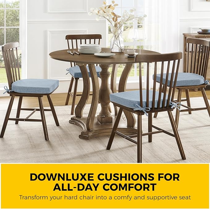 downluxe Indoor Chair Cushions for Dining Chairs, Soft and Comfortable Textured Foam Kitchen Chair Pads with Ties and Non-Slip Backing, 16" x 16" x 2", Light Blue, 2 Pack