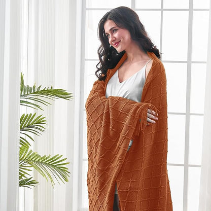 inhand Knitted Throw Blankets for Couch and Bed, Soft Cozy Knit Blanket with Tassel, Orange Rust Lightweight Decorative Blankets and Throws, Farmhouse Warm Woven Blanket for Men and Women, 50"x60"