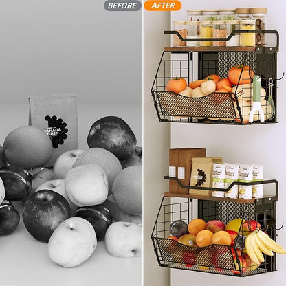Magnetic Shelf for Fridge with Wood Lid, Large Capacity Magnetic Spice Rack for Refrigerator with 4 Hooks, Magnetic Basket for Kitchen Pantry Laundry Organizers Storage(2 Pack)