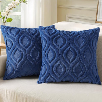 decorUhome Fall Throw Pillow Covers 20x20 Inch Set of 2, Soft Plush Decorative Faux Fur Dark Blue Solid Couch Pillow Covers, Accent Farmhouse Neutral Square Euro Pillow Cases for Sofa Bed Living Room