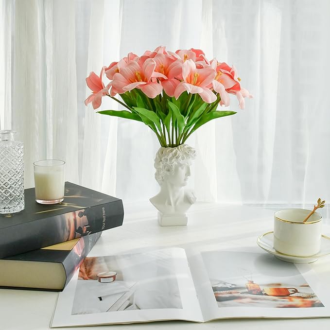 Mandy's Artificial Tulips 12 Stems Pink Fully Bloomed PU Faux Flowers for Wedding Home Decor 13.5 Inch