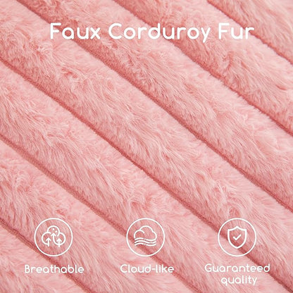 HIGOGOGO Round Stuffed Pouf Ottoman, Stripe Faux Fur Poufs with Foam Chunk Filling, Furry and Fluffy Pouf Foot Stool Storage Ottoman, 26 X 18 Floor Poufs Foot Rest for Living Room, Pink