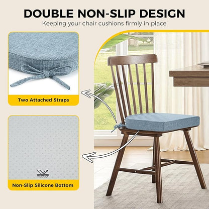 downluxe Indoor Chair Cushions for Dining Chairs, Soft and Comfortable Textured Foam Kitchen Chair Pads with Ties and Non-Slip Backing, 16" x 16" x 2", Light Blue, 4 Pack