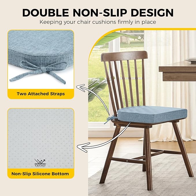 downluxe Indoor Chair Cushions for Dining Chairs, Soft and Comfortable Textured Foam Kitchen Chair Pads with Ties and Non-Slip Backing, 16" x 16" x 2", Light Blue, 6 Pack