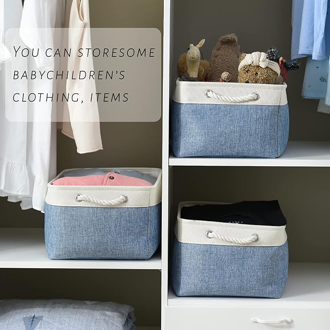 TcaFmac Storage Bins for Organization - Large 3 Pack Canvas Storage Basket for Shelves with Handles, Collapsible Baskets for Organizing for Closet Dog Laundry (White & Blue16x12x8 inch)