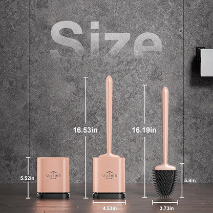 Sellemer Toilet Brush and Holder Set - Flexible Toilet Bowl Brush Head with Silicone Bristles, Compact Size for Storage and Organization, Ventilation Slots Base (1 Pack, Rose Gold)