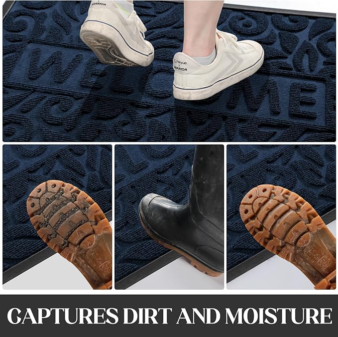 Yimobra Welcome Front Door Mat Outdoor, Heavy Duty Sturdy Non Slip Doormats, Rubber Backing, Low-Profile Entrance Rugs, Absorbent Resist Dirt, Easy Clean Patio Garage Floor Mats, 60X36 Inch, Blue