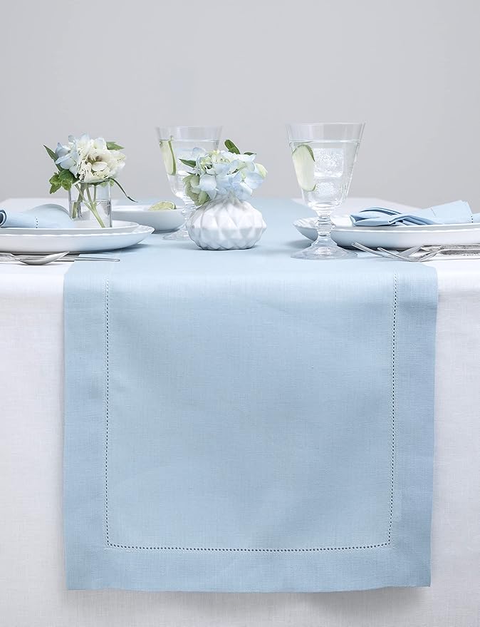 Solino Home Linen Sky Blue Table Runner 36 Inches - Classic Hemstitch, 100% Pure Linen Coffee Table Runner 14 x 36 Inch Ideal for Dresser Tables