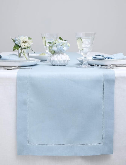 Solino Home Linen Sky Blue Table Runner 36 Inches - Classic Hemstitch, 100% Pure Linen Coffee Table Runner 14 x 36 Inch Ideal for Dresser Tables