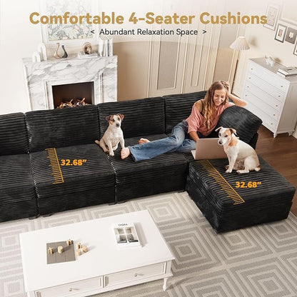 Modular Sectional Sofa with Chaise U Shaped Sectional Couch for Living Room, 7-Seater Comfy Cloud Couches, Plush Corduroy, Black
