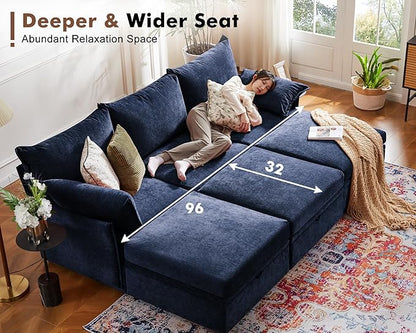 102.6" U Shaped Modular Sectional Sofa, 5 Seater Couch with Storage Ottoman Deep Seat and High Backrest with Removable Cover for Living Room, Apartment - Chenille Blue