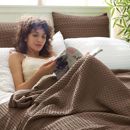 PHF Ultra Soft Waffle Weave Blanket Queen Size 90"x 90"- Washed Lightweight Breathable Cozy Woven Blanket for Bed - Aesthetic Decor for Couch Bedding Sofa Home Car - Cocoa Brown