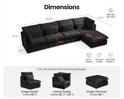 Oversized Modular Sofa, Extra Deep Cloud Corduroy Sectional Couch with Ottoman Chaise, Fluffy Corduroy 5 Seater Sofa Bed for Living Room, Villa (L Shape 5 Seater, Corduroy Black)