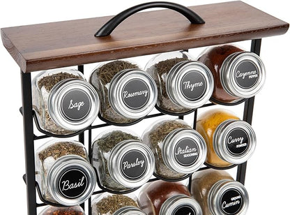Orii 16 Jar Acacia Wood & Metal Wire Spice Rack with Spices Included, Storage for Spices and Seasoning, Black & Brown