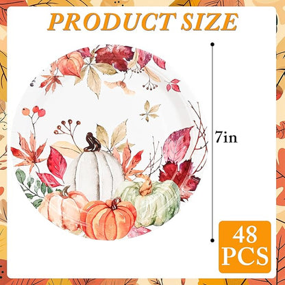 AllReal Fall Pumpkins Paper Plates Rustic Pumpkin Leaves Disposable Party Plate 7" Thanksgiving Autumn Dessert Plate for Birthday Baby Shower Party Supplies Table Decor (48)