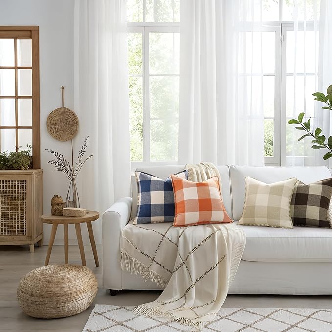 decorUhome Buffalo Plaid Check Throw Pillow Covers 20x20 Set of 2, Outdoor Decorative Farmhouse Neutral Pillow Covers with Stitched Edge for Bed Couch Sofa, Brown and Beige