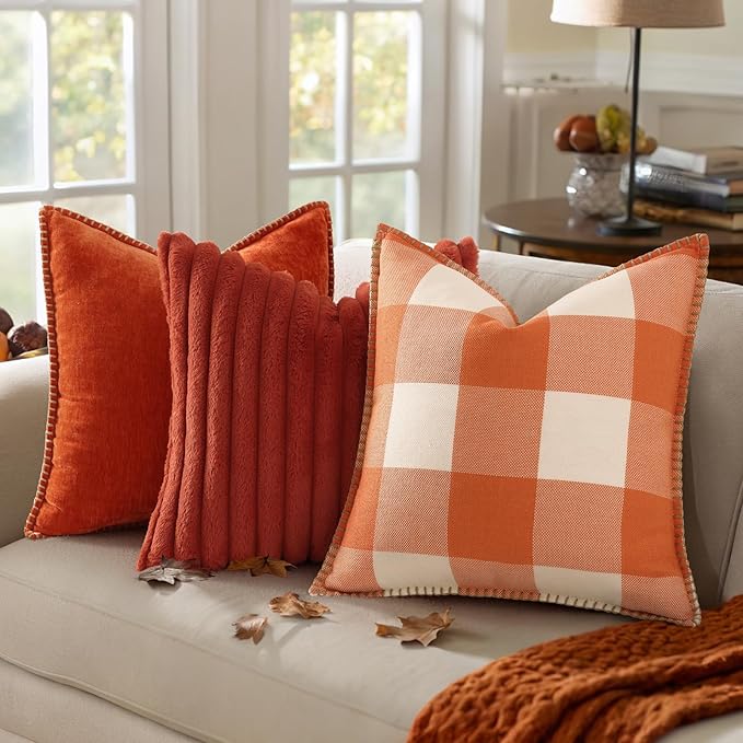 decorUhome Fall Orange and White Decorative Throw Pillow Covers 12x20 Set of 2, Lumbar Buffalo Plaid Check Farmhouse Cushion Covers with Stitched Edge for Autumn Harvest Couch Sofa Bed Home Decor